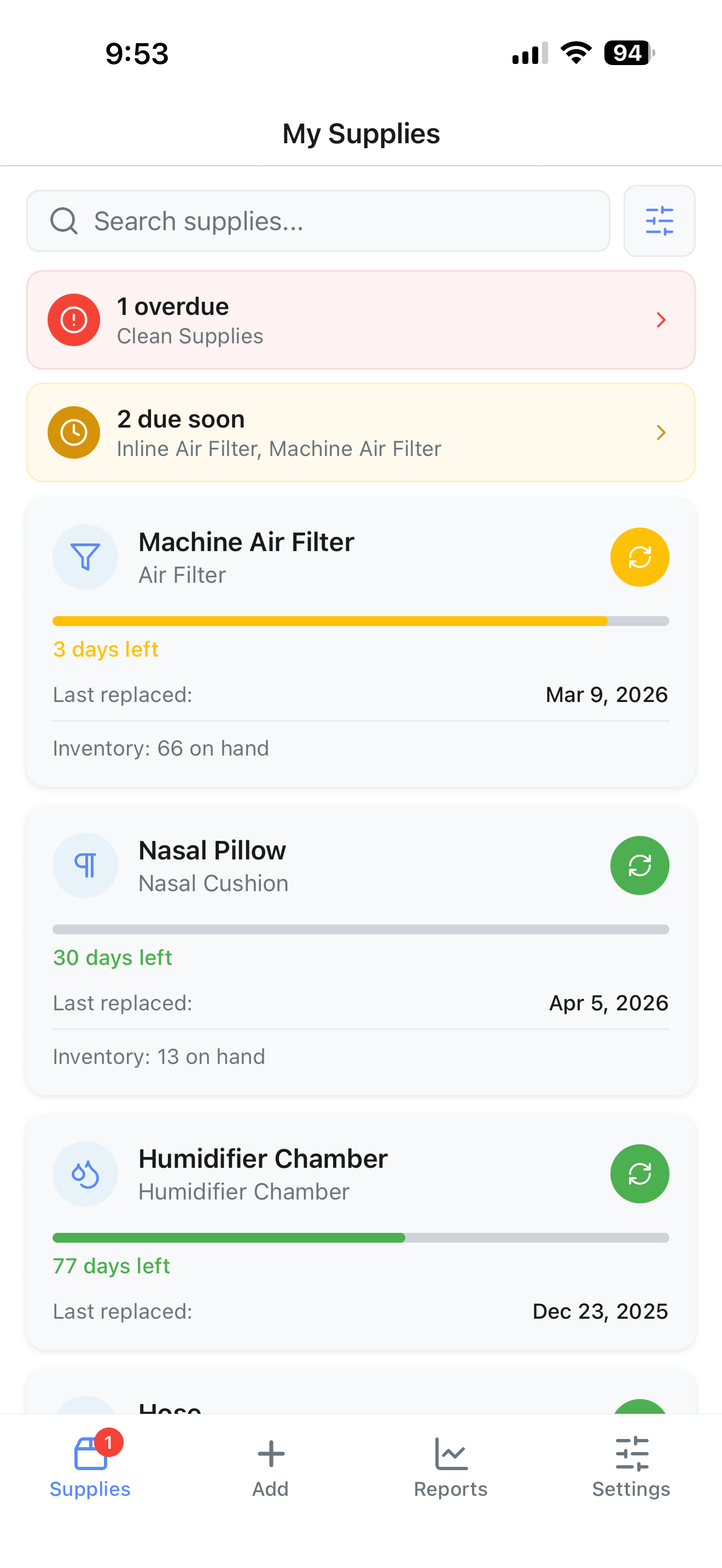 CPAP Supply Tracker app preview on a smartphone